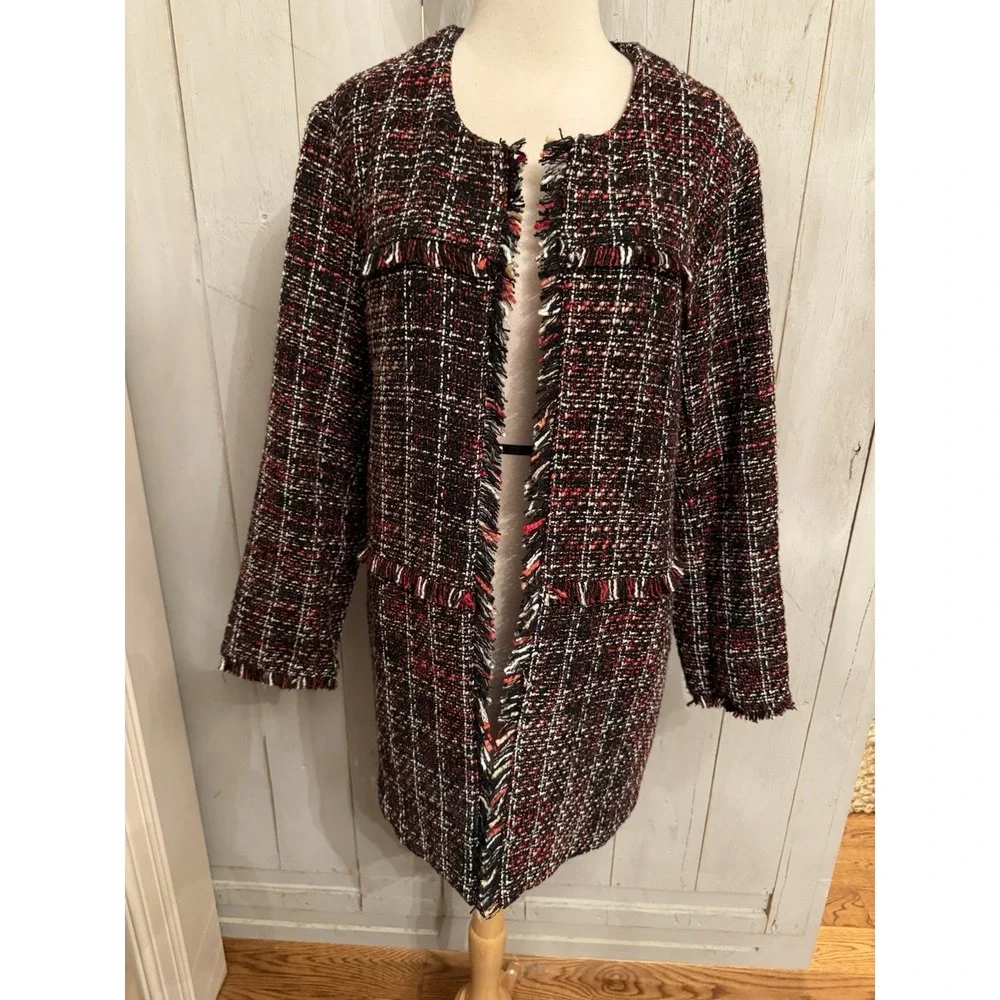 Rafaella Blazer Fringe Tweed‎ Longer Patterned Red Blazer/Jacket Business Sz-XL